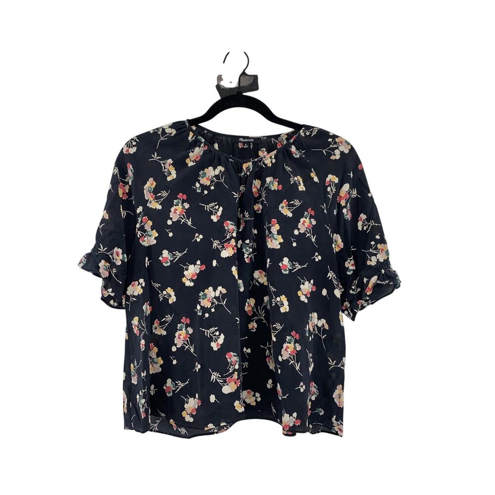 Madewell Size Medium Short Sleeve Shirt 100% Silk Black Floral Ruffle